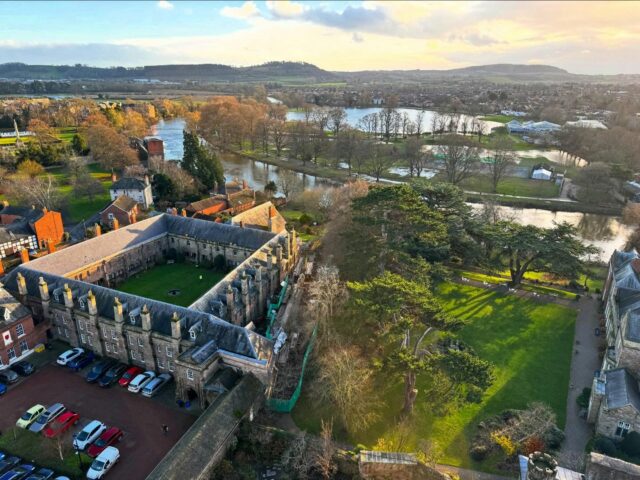 What a view: Repairs underway to boundary wall as part of the Bishops Palace in #Herefordshire view from Hereford Cathedral tower. 
.
#architectshereford #herefordcathedral #listedbuilding #buildingconservation #floods2025