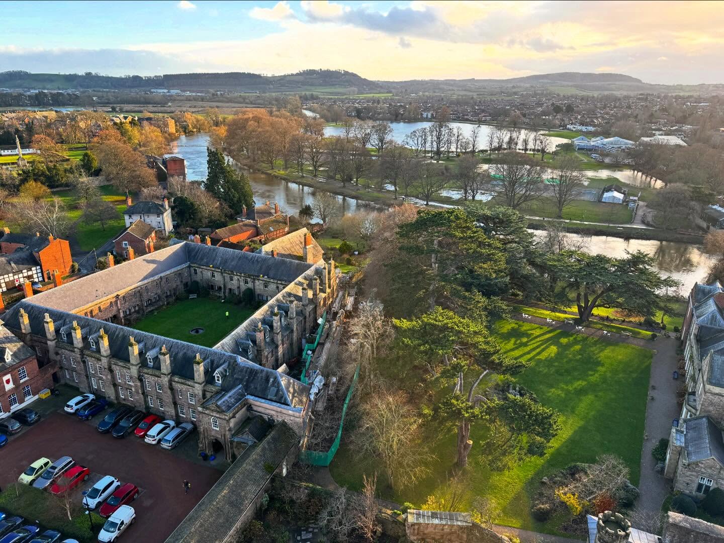 What a view: Repairs underway to boundary wall as part of the Bishops Palace in #Herefordshire view from Hereford Cathedral tower. 
.
#architectshereford #herefordcathedral #listedbuilding #buildingconservation #floods2025