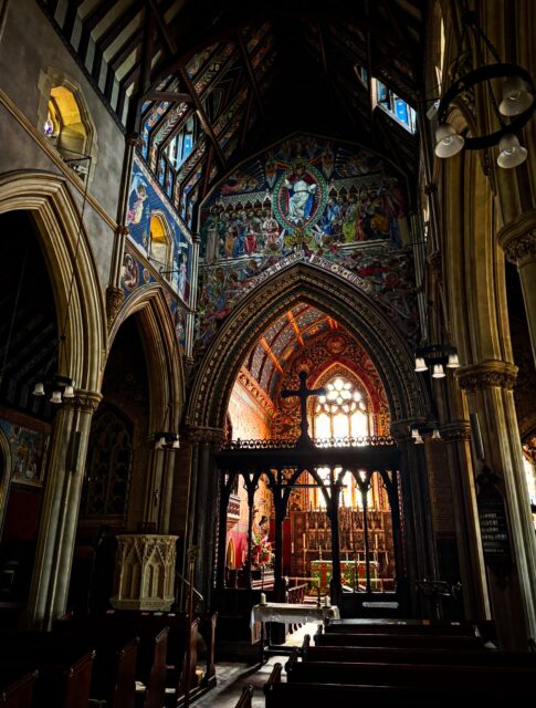 Site visit today to begin to schedule repairs of frescoes at Highnam Church. Photograph taken before the lights were switched on, the Grade I listed church was constructed in the 1851 and is a lesson on Gothic Revival Revival by Woodyer for T.Gambier-Parry.
.
We’re looking for work to develop proposals alongside conservators on this one.
.
#architectsgloucester #conservationarchitectshereford #gloucestershire #grade1listed #churchrepairs