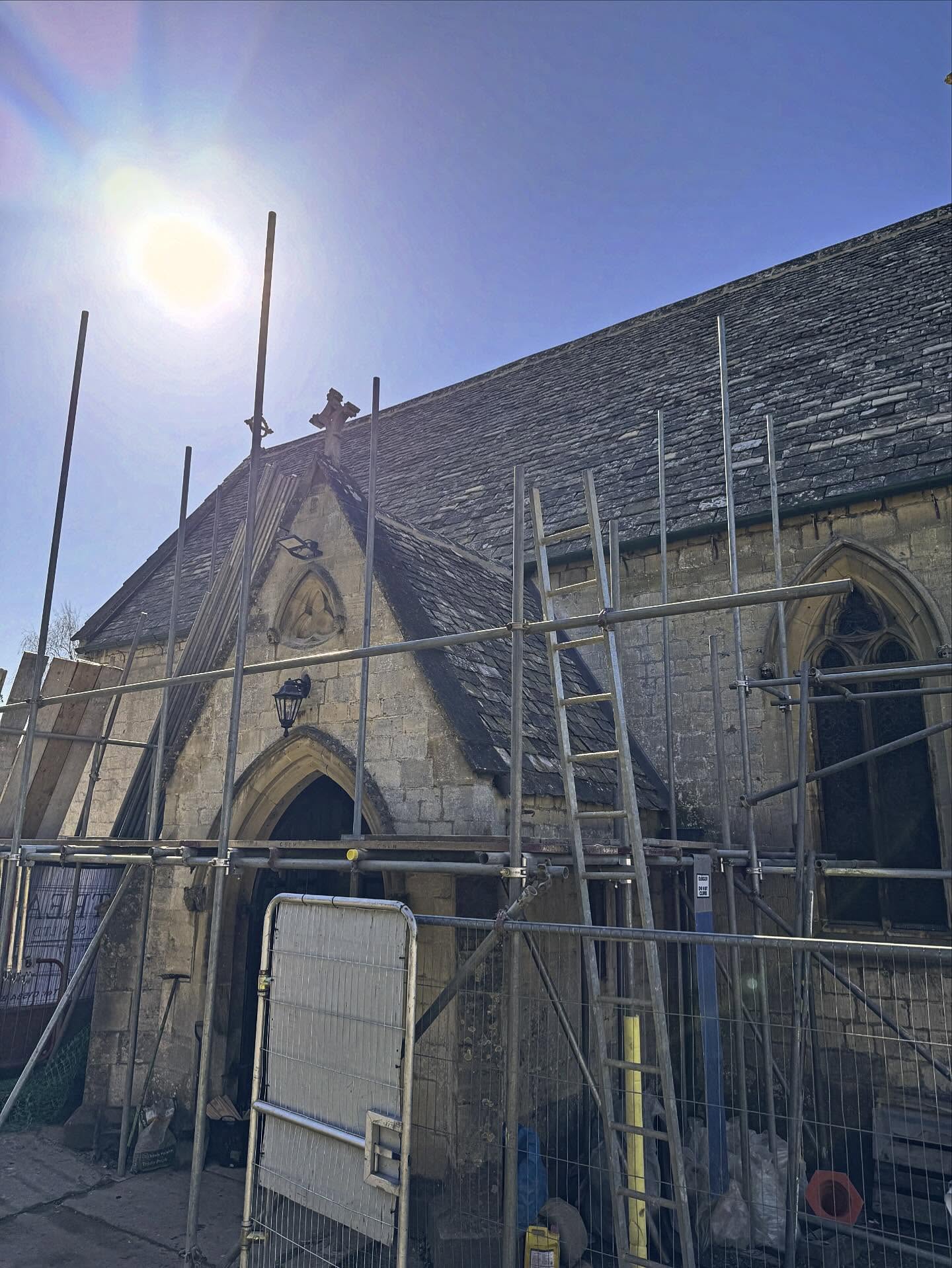 Sneak preview as scaffolding is being struck at our church repair project in Gloucestershire. New Cotswold stone slates glistening in the spring sunshine. 
. 
Church will be handed over back to the PCC for Easter celebrations, complete with new WC, decorated interior and no internal rain. 
.
#architectsgloucester #conservationarchitectscheltenham #churchrepair #buildingconservation #cotswolds