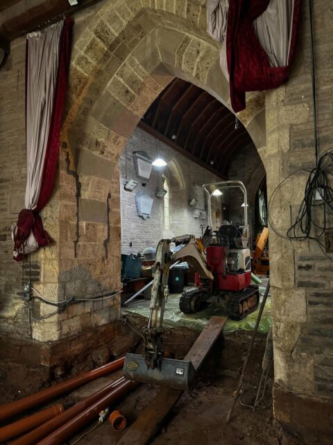 Works in progress at St. Faiths Church in Herefordshire. Funded by the Lottery Fund, the work include new WCs and kitchenette, set behind a new oak screen.
.
Perhaps on of our favourite pictures of this project so far, seeing plant inside a church and the scale of the space against these machines.
.
The project is making good progress and set to be handed back to the PCC soon, a bit more digging first.
.
#lotteryfunded #churchreordering #gradeiistarlisted #buildingconservation #conservationarchitectshereford
